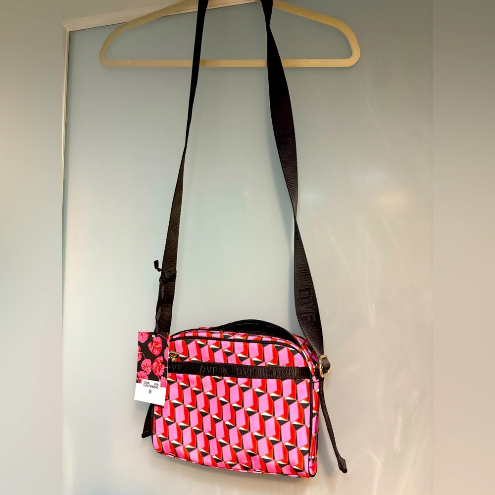 NWT DVF for Target Pink Red Black and White Geometric pattern Crossbody Bag.